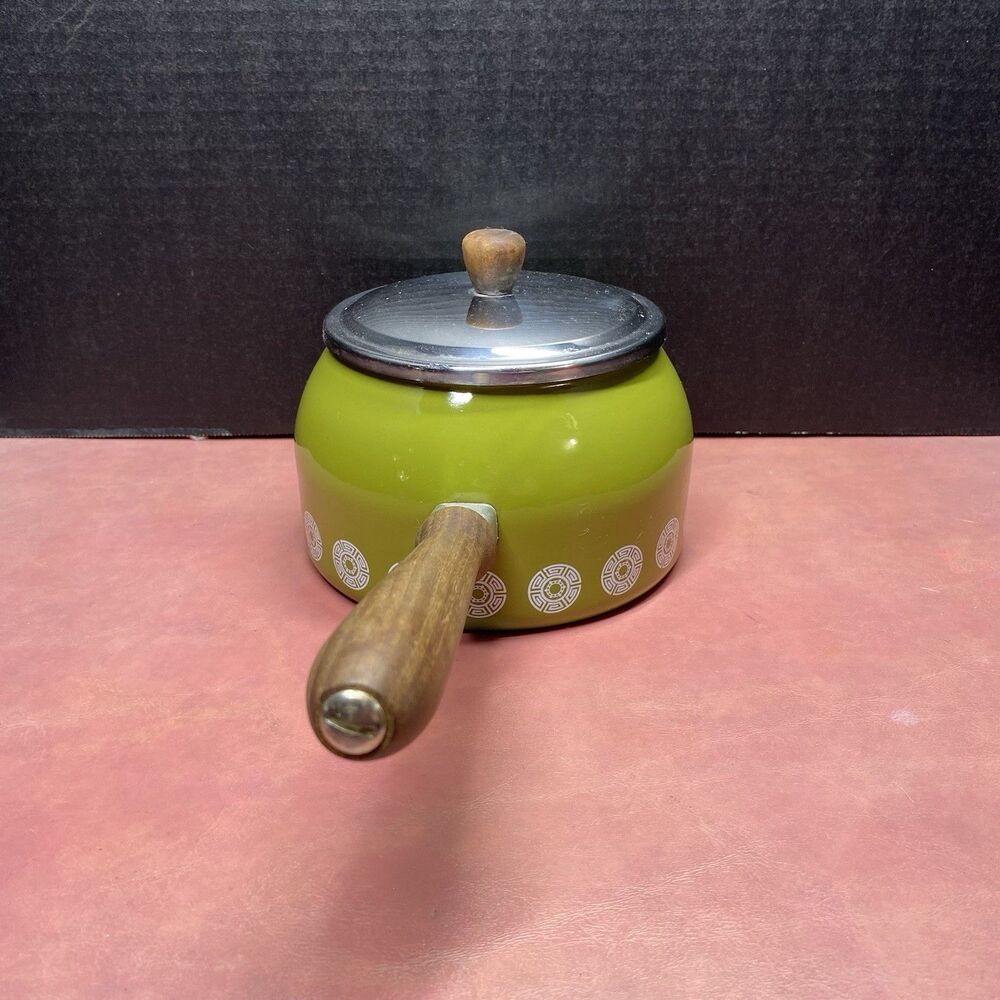 Vintage Mid Century Modern Enamel Saucepan Plate Fondue Pot Wood Handle Green - Picture 6 of 12